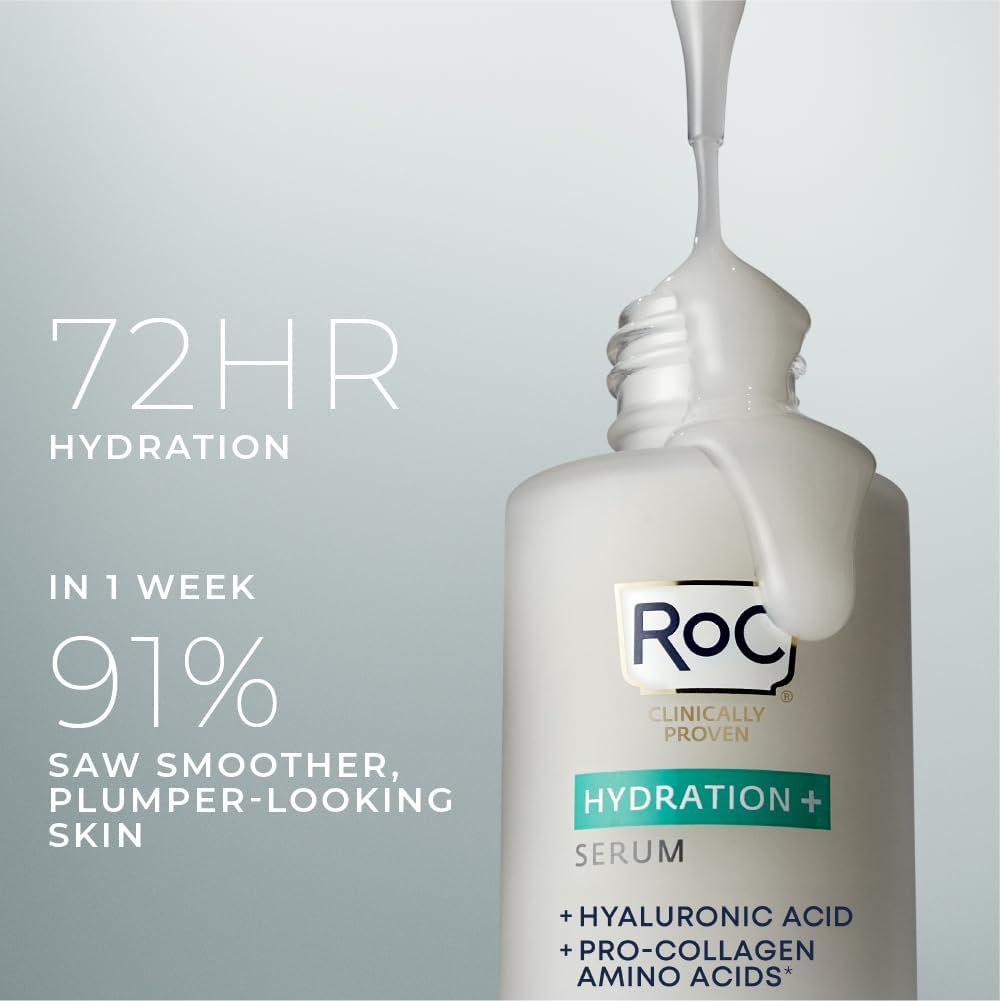 RoC Hydration+ Hyaluronic Acid Serum for Face, Hydrating, Plumping, Fragrance Free, Lightweight Formula with Collagen Proteins (1 Ounce)