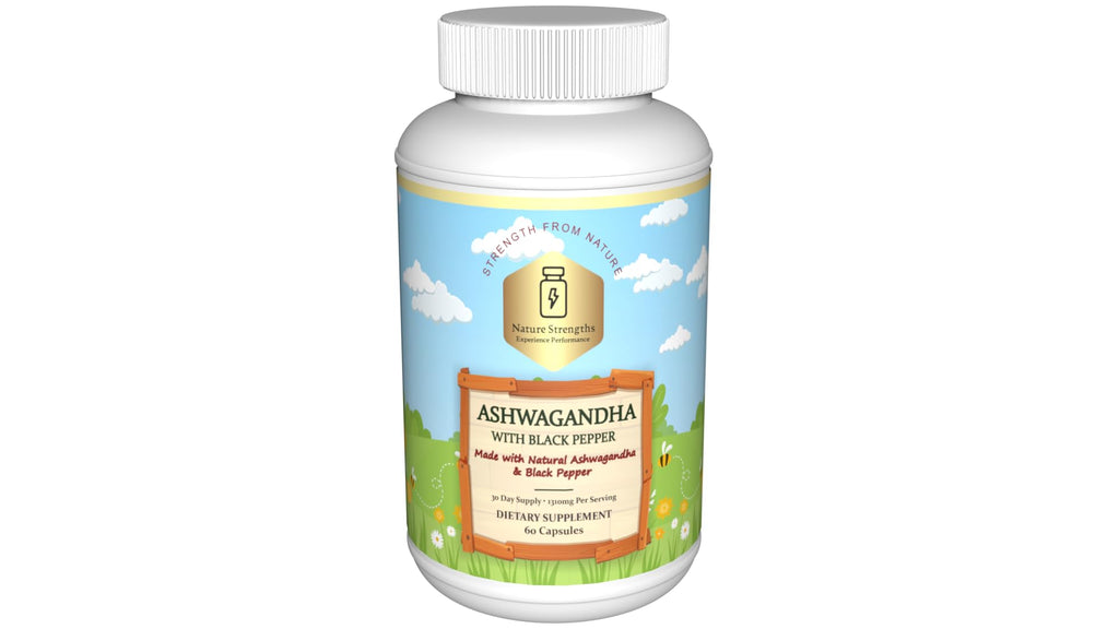 Supplement bottle labeled 'Ashwagandha' on a white background
