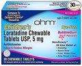 Ohm Children's Allergy Medicine, Loratadine 5mg, Chewable Tablets (30 Count) Bubblegum Flavor, Non-Drowsy Antihistamine, 24-Hour Allergy Relief for Runny Nose, Watery Eyes, Itchy Throat & Nose