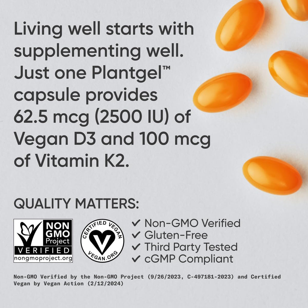 Sports Research® Vitamin D3 + K2 w/Coconut Oil - Vegan Vitamin D 2500iu (62.5mcg) & Mk7 Vitamin K 100mcg for Bone & Immune Support - Vegan Certified · Non-GMO · Soy Free - 60 Softgels Sports Research buy supplements Au