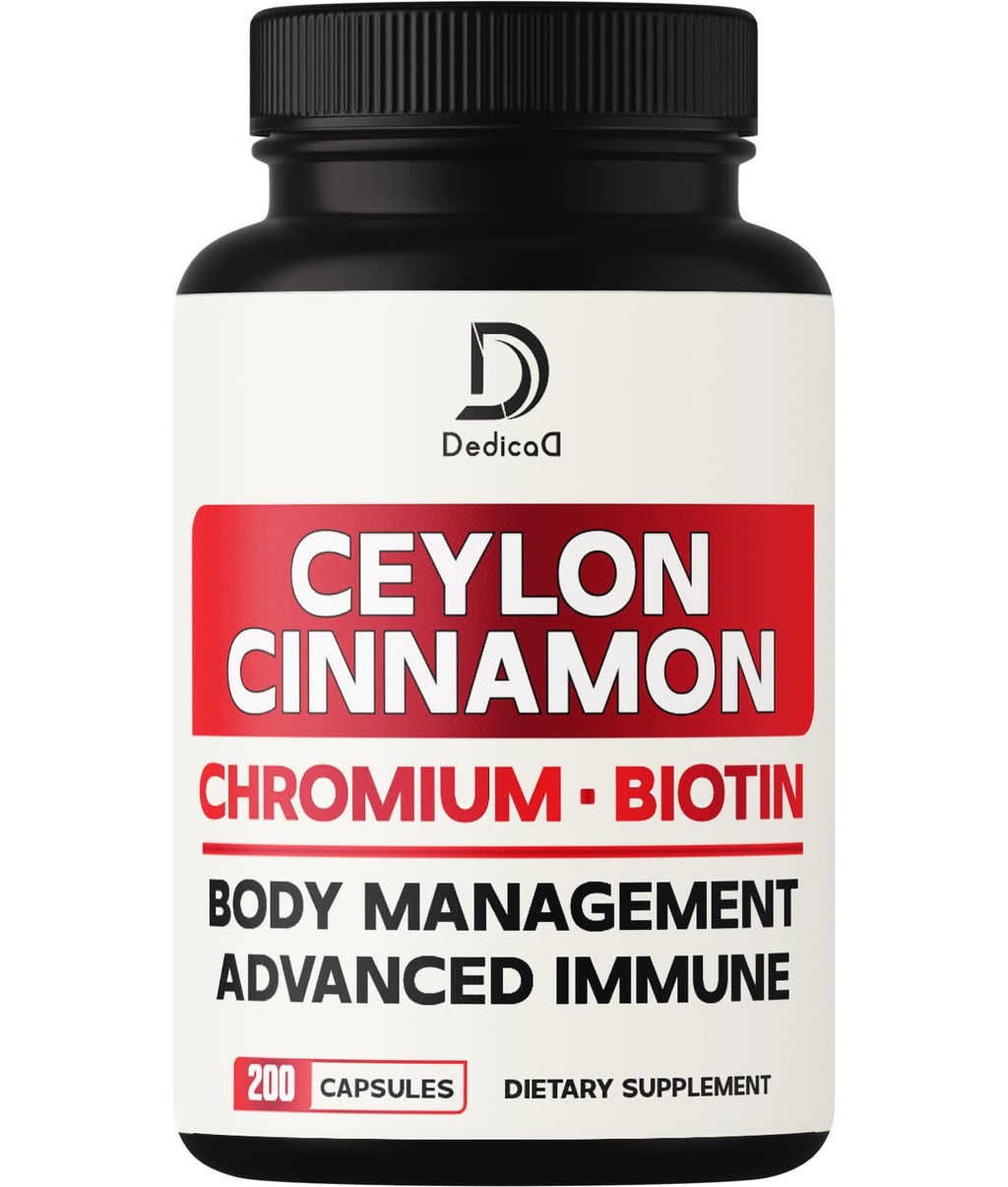 Supplement bottle labeled 'Ceylon Cinnamon, Chromium, Biotin' with brand logo on a white background