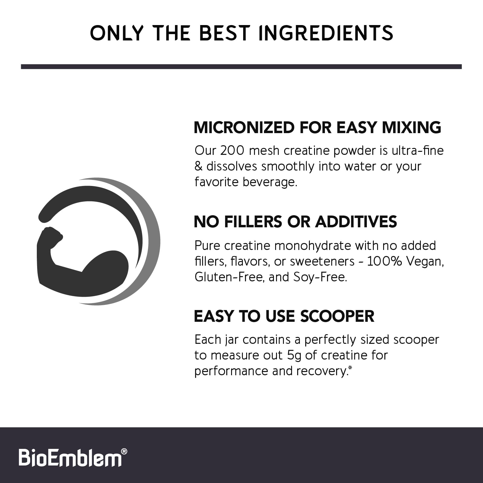 BioEmblem Creatine Monohydrate Powder - Unflavored Micronized Creatine Easily Mixes - Muscle Strength, Workout Recovery, Exercise Performance -