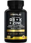 Supplement bottle labeled 'X-Gold Health' with vitamins D3, K, and Zinc on a white background.