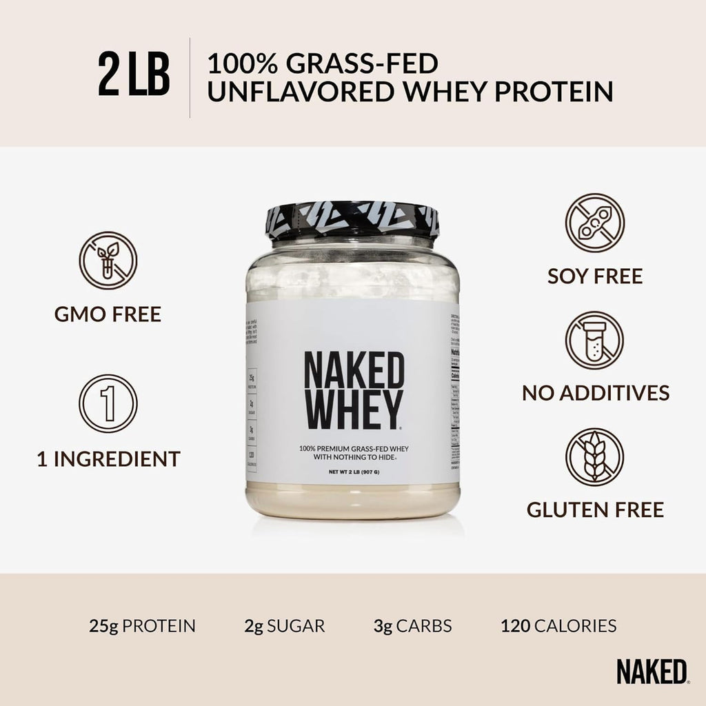 NAKED Whey 2LB 100% Grass Fed Whey Protein Powder - Only 1 Ingredient, Unflavored Whey Protein, NSF Certified, Undenatured, Gluten Free,