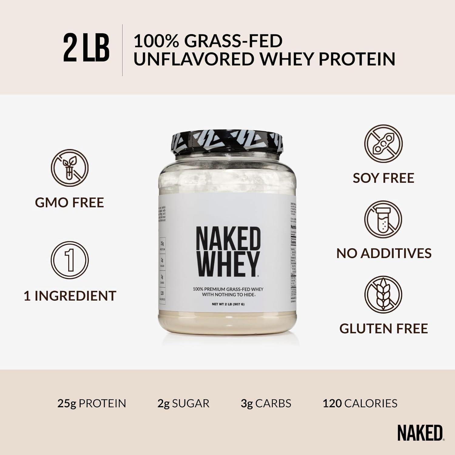NAKED Whey 2LB 100% Grass Fed Whey Protein Powder - Only 1 Ingredient, Unflavored Whey Protein, NSF Certified, Undenatured, Gluten Free,