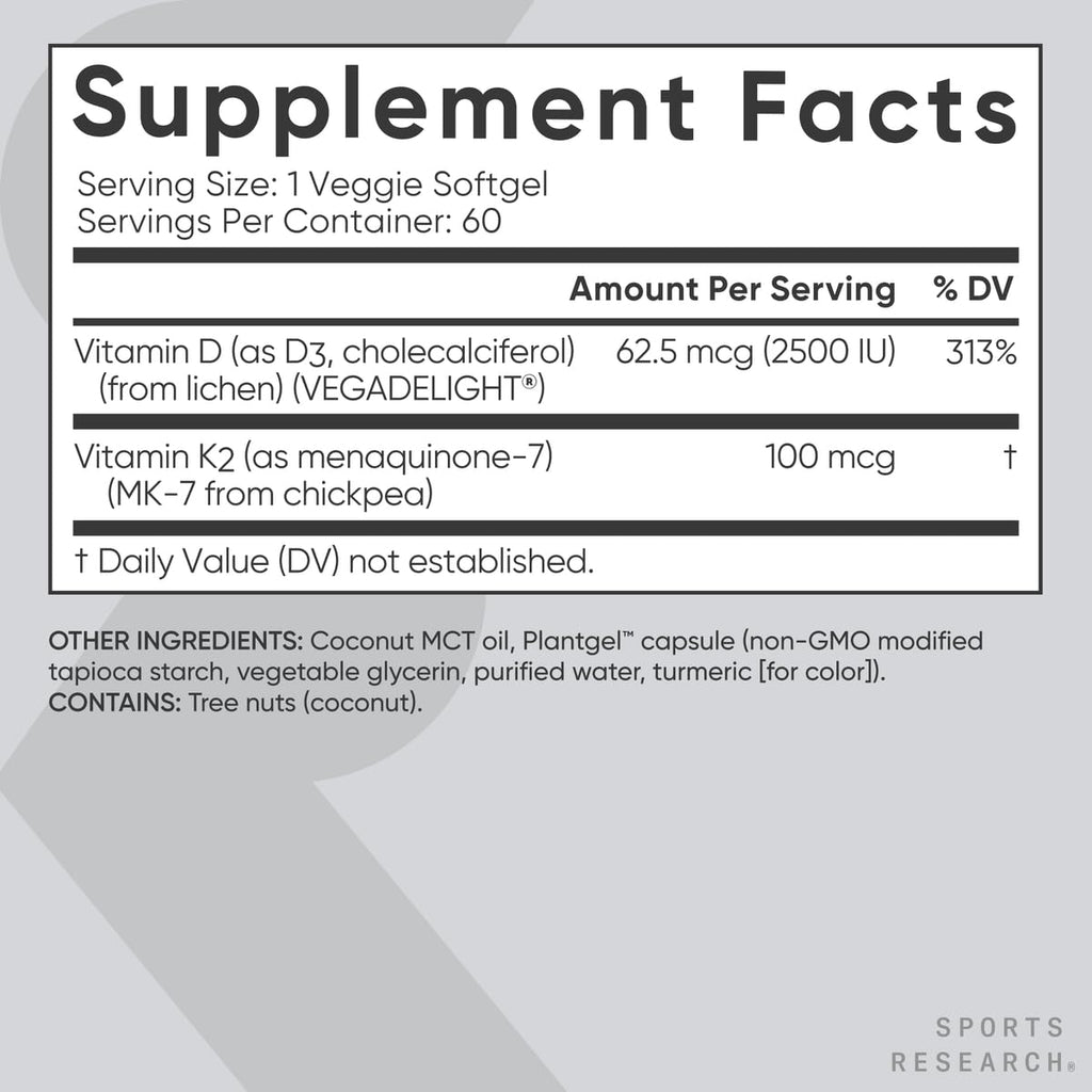 Sports Research® Vitamin D3 + K2 w/Coconut Oil - Vegan Vitamin D 2500iu (62.5mcg) & Mk7 Vitamin K 100mcg for Bone & Immune Support - Vegan Certified · Non-GMO · Soy Free - 60 Softgels Sports Research buy supplements Au