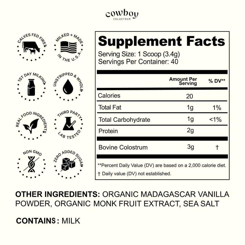 Cowboy - The Exclusive 1st Milking, Whole, Grass Fed Colostrum Supplement for Full Body Health - Bovine Colostrum Powder Packed w/Bioactive Nutrients - Sugar Free (Vanilla, 40 Servings) COWBOY COLOSTRUMBuy Supplements Australia