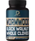 Supplement bottle labeled 'Wormwood, Black Walnut, Whole Cloves' by Dedica on a white background