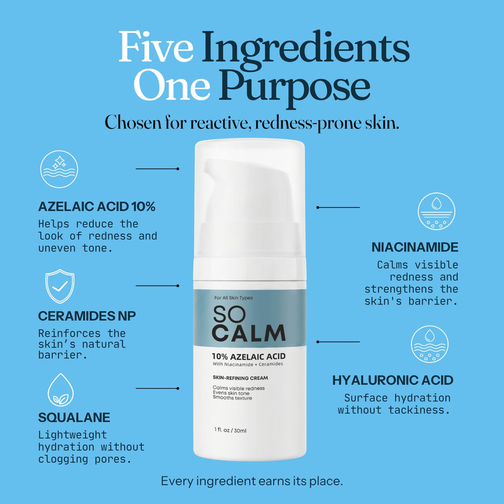 SoCalm Azelaic Acid 10% for Rosacea-Prone Skin – Calms Face Redness & Evens Tone, with Niacinamide & Ceramide NP, Fragrance-Free, 30ml / 1oz