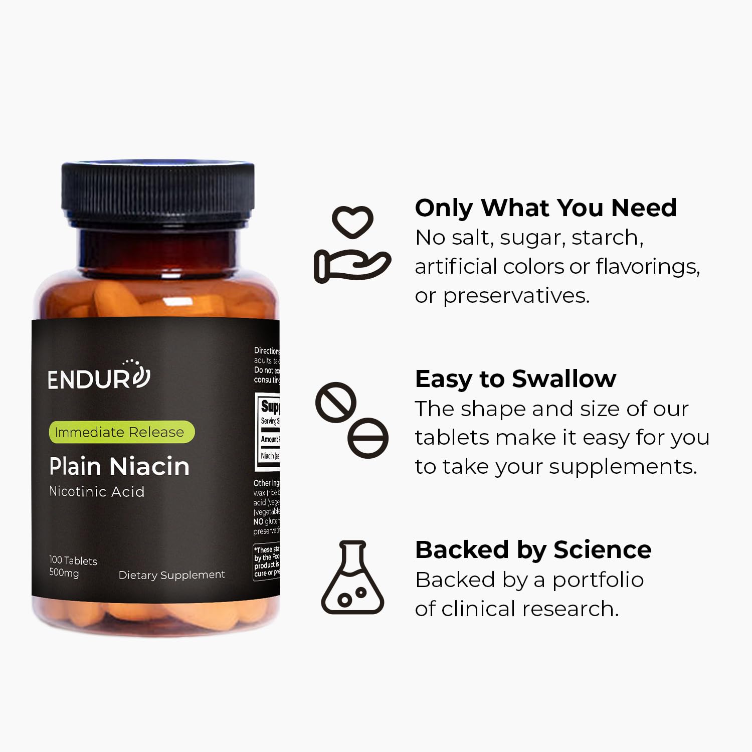 Endur Plain Niacin (Nicotinic Acid), Heart Health & Healthy Cholesterol Balance Supplement, Immediate-Release Formula, Gluten Free,