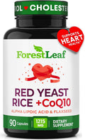 Forest Leaf Red Yeast Rice + CoQ10 dietary supplement bottle with heart design and text on label.