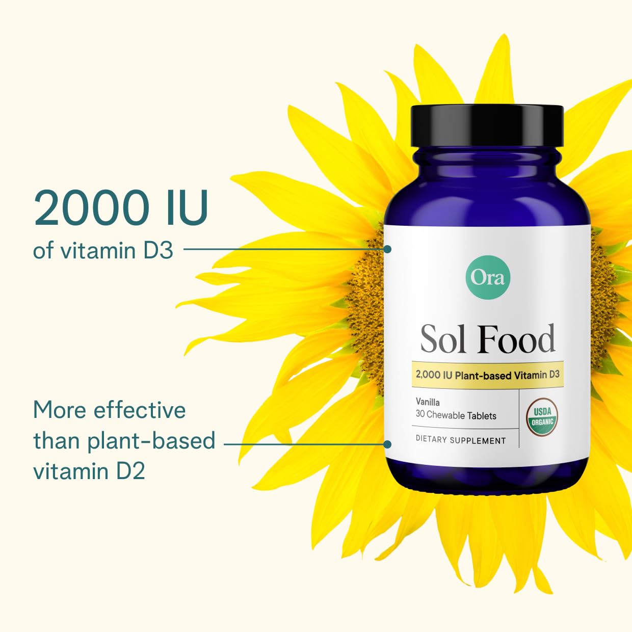 Ora Organic Vitamin D3 2000IU - Vegan Vitamin D Chewables from Lichen for Bone Health, Immune Support, & Mood | Maximum Absorption - 1 Month Supply, 30 Vegan Chewable Vanilla Tablets