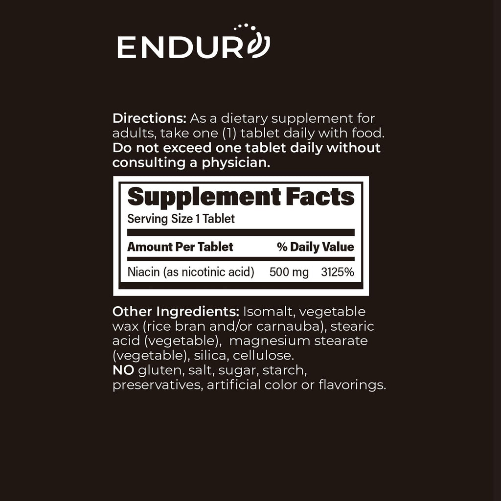 Endur Plain Niacin (Nicotinic Acid), Heart Health & Healthy Cholesterol Balance Supplement, Immediate-Release Formula, Gluten Free,