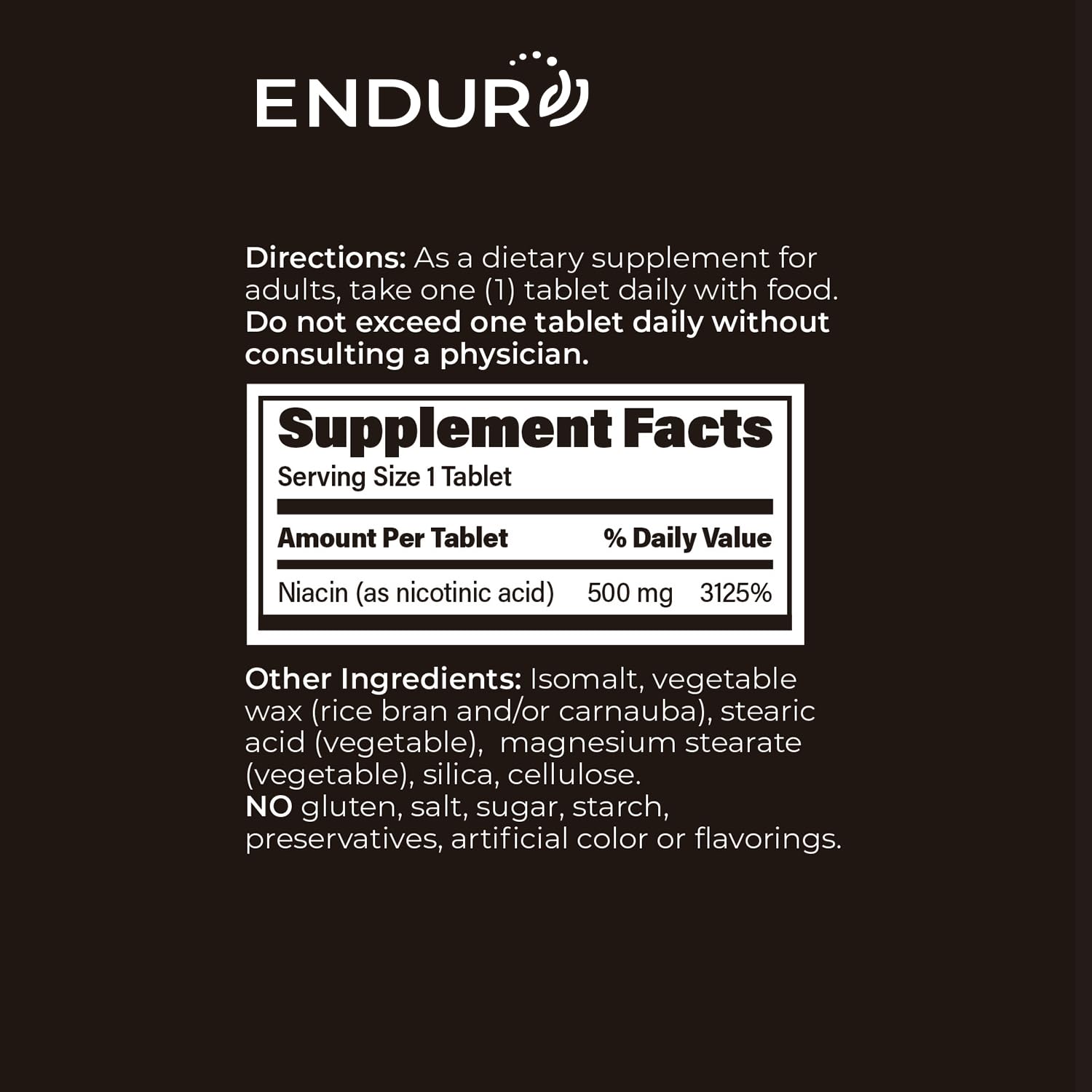 Endur Plain Niacin (Nicotinic Acid), Heart Health & Healthy Cholesterol Balance Supplement, Immediate-Release Formula, Gluten Free,