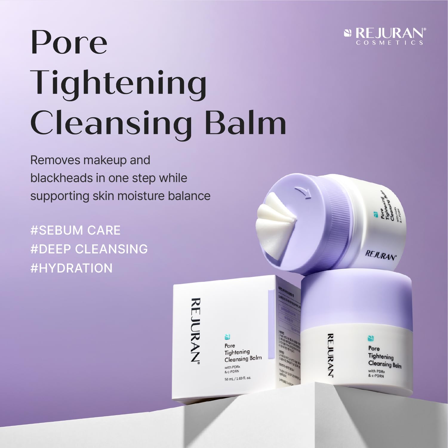 REJURAN® Pore Tightening Cleansing Balm with PDRx & c-PDRN 50ml – Deep Makeup & Blackhead Cleanser with Salmon DNA & Tannin Complex – 3-Step Transforming Balm, Fragrance-Free