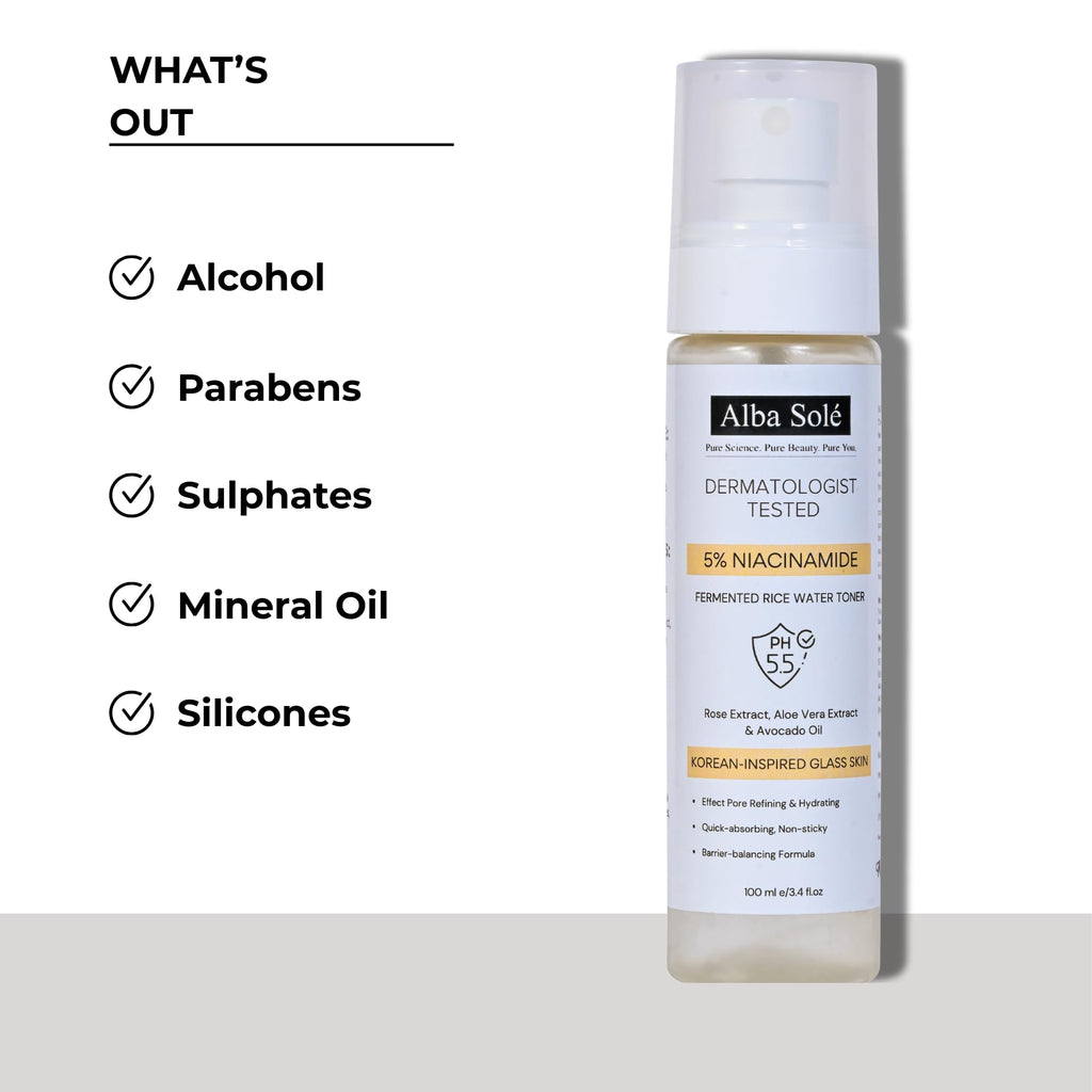 Alba Solé 5% Niacinamide Face Toner with Fermented Rice Water | pH 5.5 Balancing Toner | Hydrates, Refines Pores & Brightens for Glass Skin