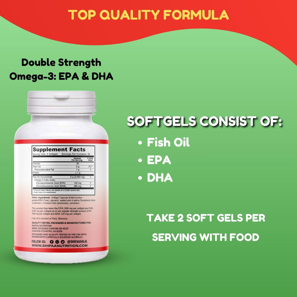 SHIFAA NUTRITION Halal Fish Oil Softgels 120 Ct, Double Strength - Halal Omega 3 Fish Oil Supplements. Wild Caught, Non-GMO & Purified