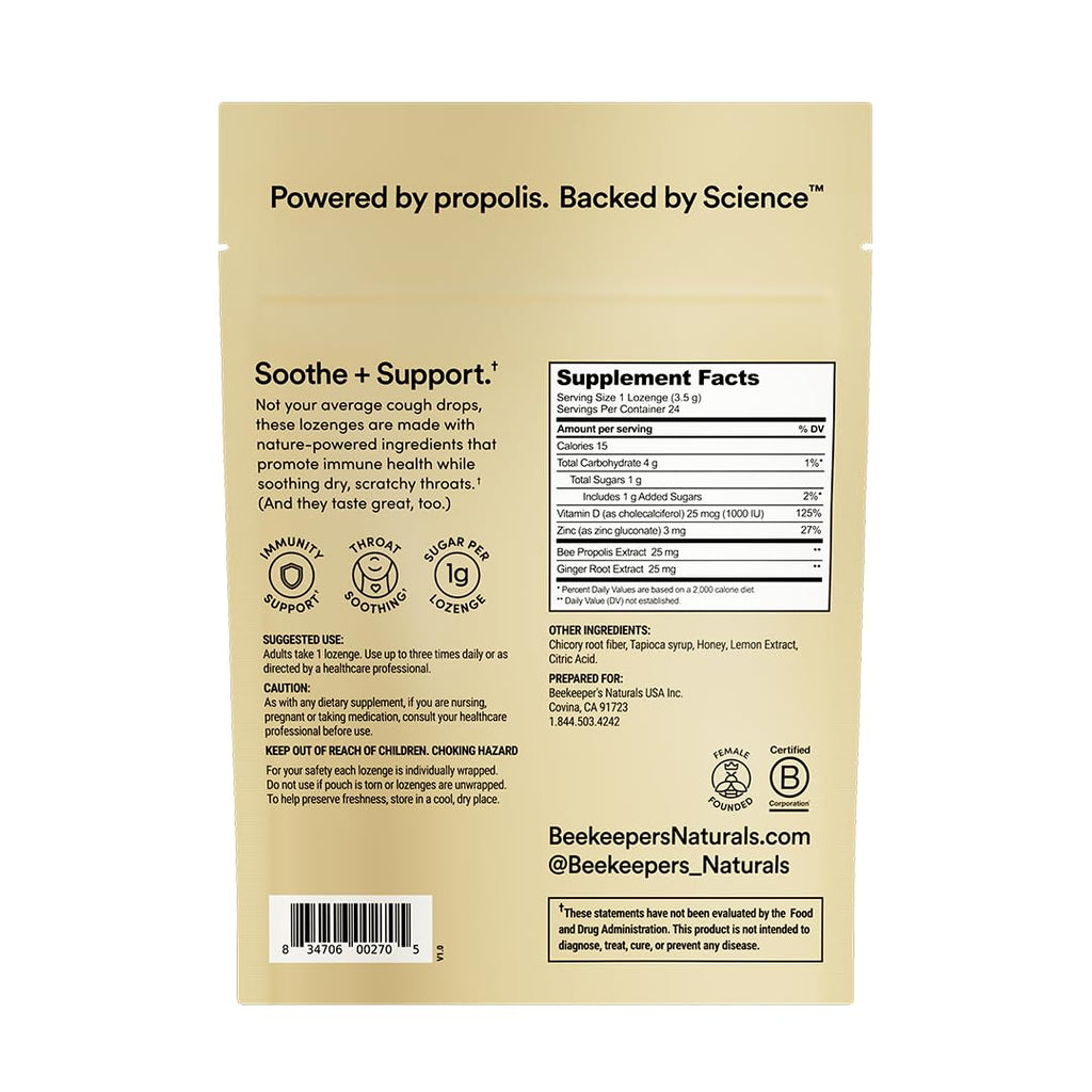 Beekeeper's Naturals Soothing Honey Ginger Lemon Cough Drops - Immune Support with Vitamin D, Zinc and Propolis Throat Soothing Lozenges, 24 Ct