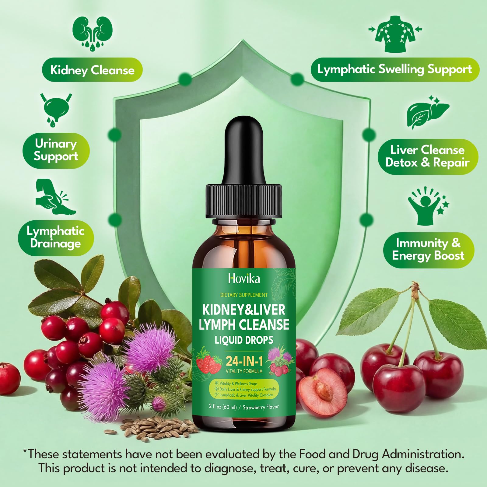 24-in-1 Kidney & Liver, Lymph Cleanse Detox & Repair Drops, Three Immune Formula with Cranberry, Milk Thistle, Vegan Urinary Tract & Lymphatic Drainage
