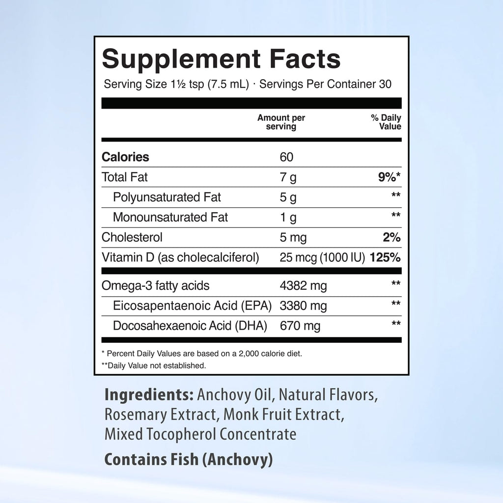 5X Ultimate Strength Omega 3 Fish Oil Liquid with Vitamin D, Burpless Liquid Fish Oil Supplements with High EPA and DHA Omega