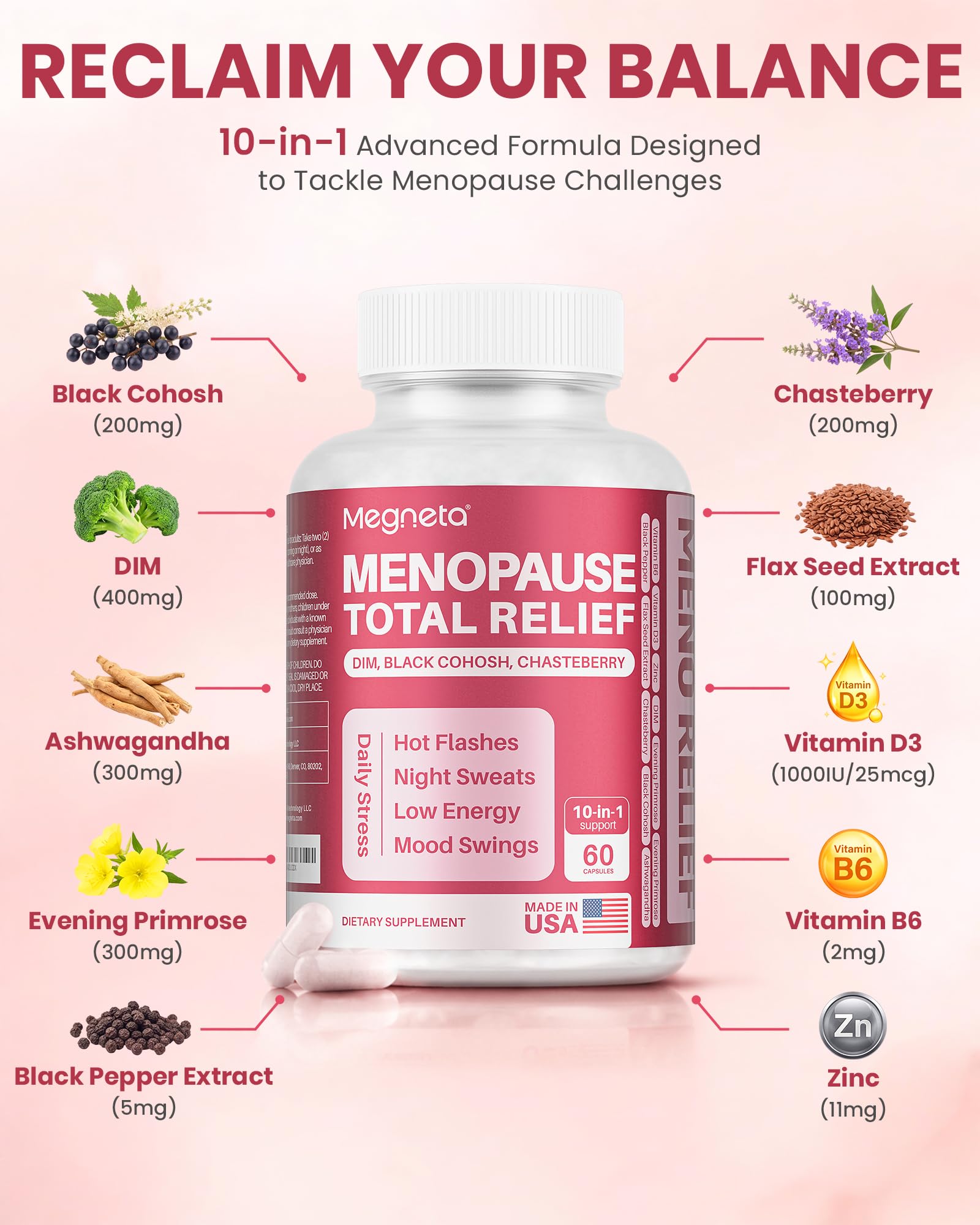 MEGNETA Menopause Supplements for Women - 10-in-1 Hormone Balance Complex with Black Cohosh, DIM, Chasteberry & Ashwagandha - Support for Hot Flashes, Night Sweats