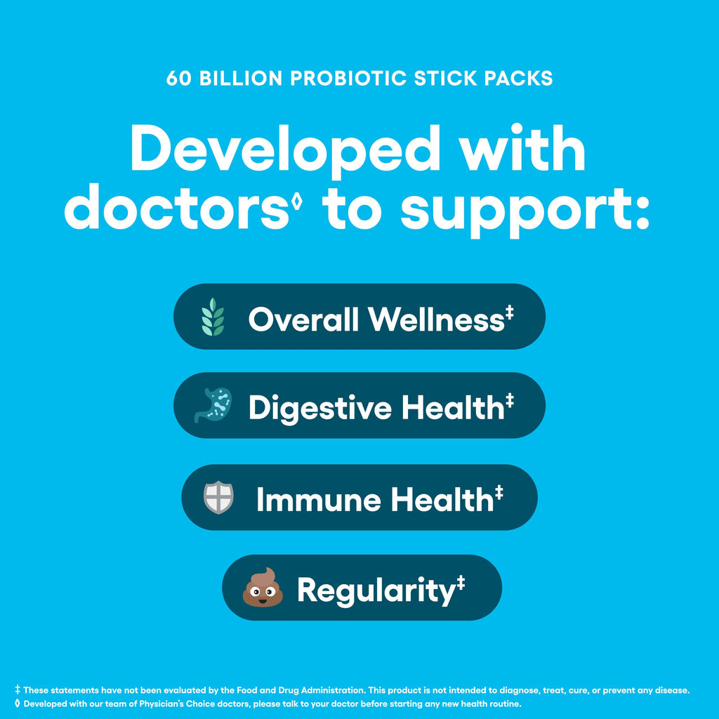 Physician’s Choice 60 Billion CFU Probiotic Stick Packs - 10 Strains + Prebiotics - Immune, Digestive & Gut Health - Supports Occasional Constipation, Diarrhea, Gas & Bloating - for Women & Men - 24CT