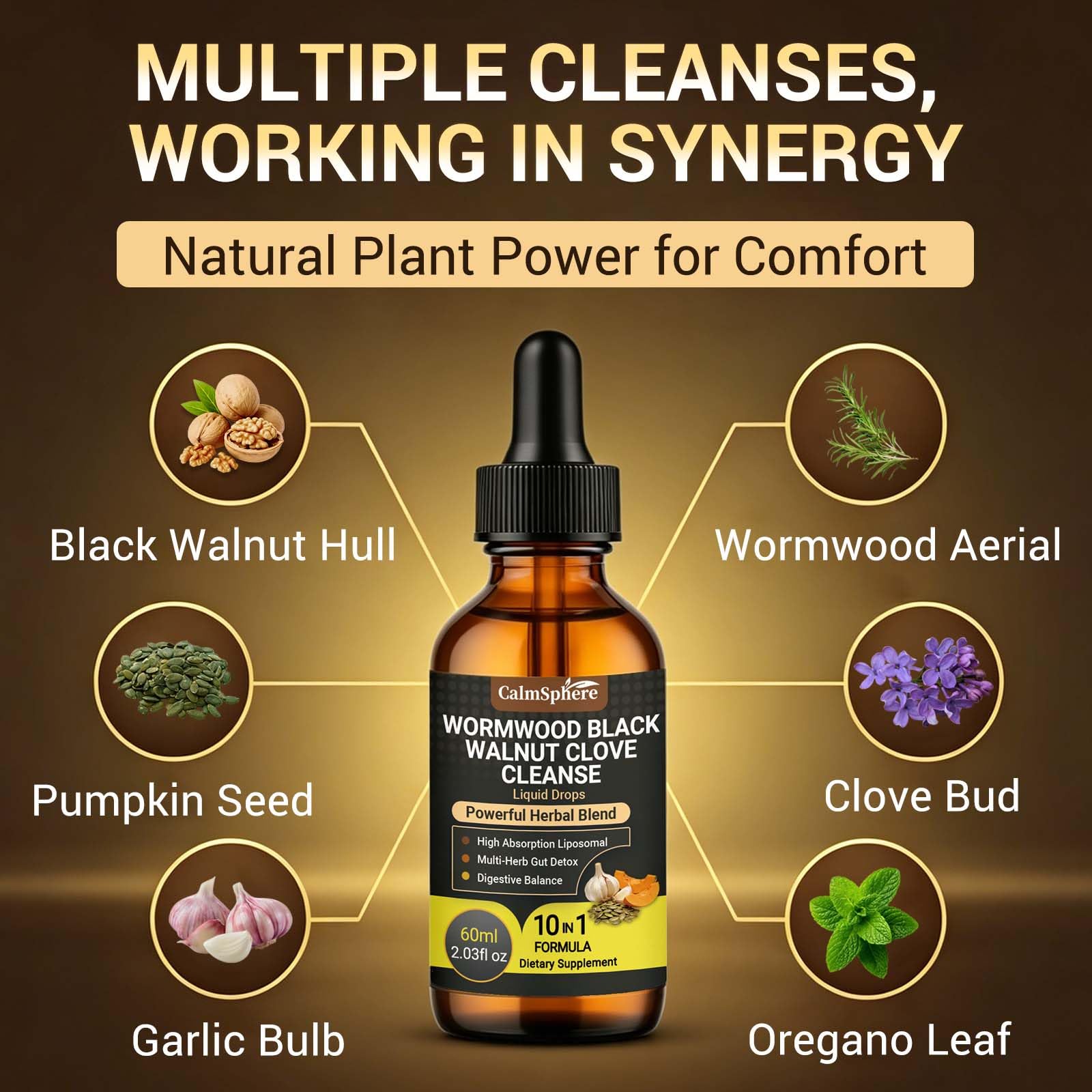 Wormwood Black Walnut Clove Garlic Liquid Drops, Liposomal Fast Absorption with Pumpkin Seed, Pau D'Arco, Berberine, Black Pepper, for Gut Digestive Health