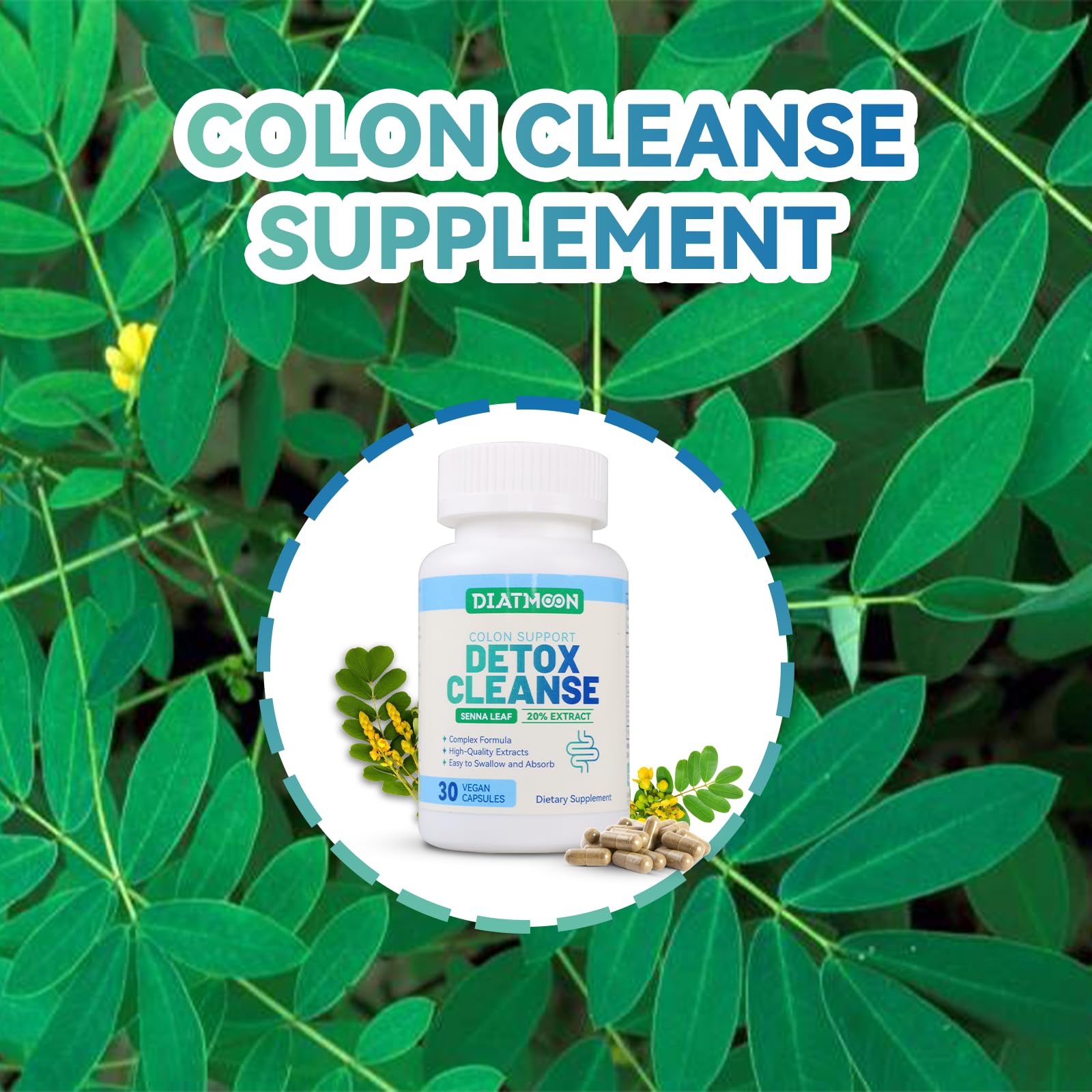 DIATMOON Gut Cleanse Capsules, Gut and Colon Support, Detox & Cleanse, for 15 Days, Non-GMOs, Non-Gluten, Vegan, Colon Cleanse Supplement, 30 Count