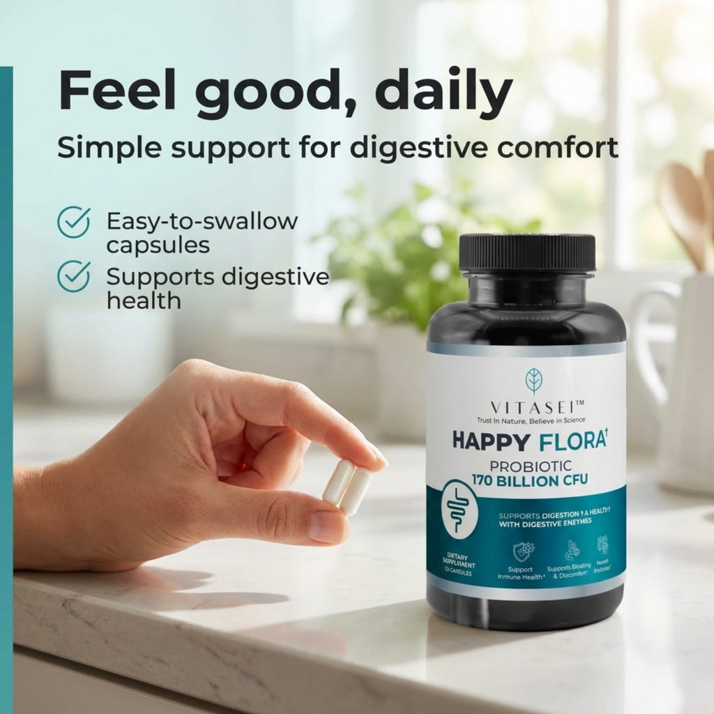 VITASEI Happy Flora Probiotic Supplement – 170 Billion CFU with Digestive Enzymes for Gut Health – Metabolic Support for Women and Men – 60 Capsules 1-Month Supply