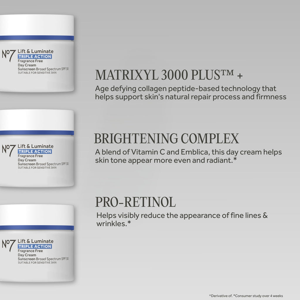 No7 Lift & Luminate Triple Action Face Cream - Fragrance Free Face Moisturizer with SPF 30 - Formulated with Anti Aging Collagen