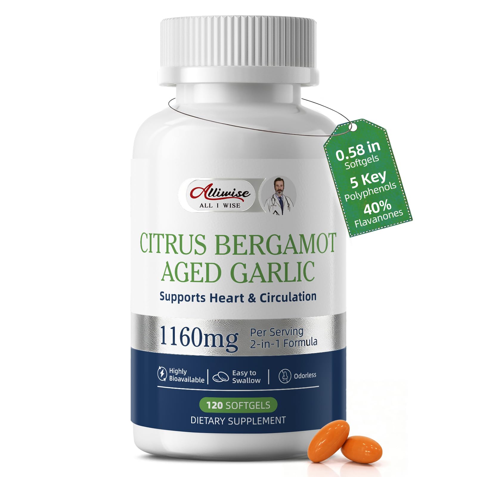 Citrus Bergamot with Aged Black Garlic Extract Softgels, 1160mg Cholesterol Support Supplement, 80% Polyphenols Bergamot Supplement for Heart, Circulation