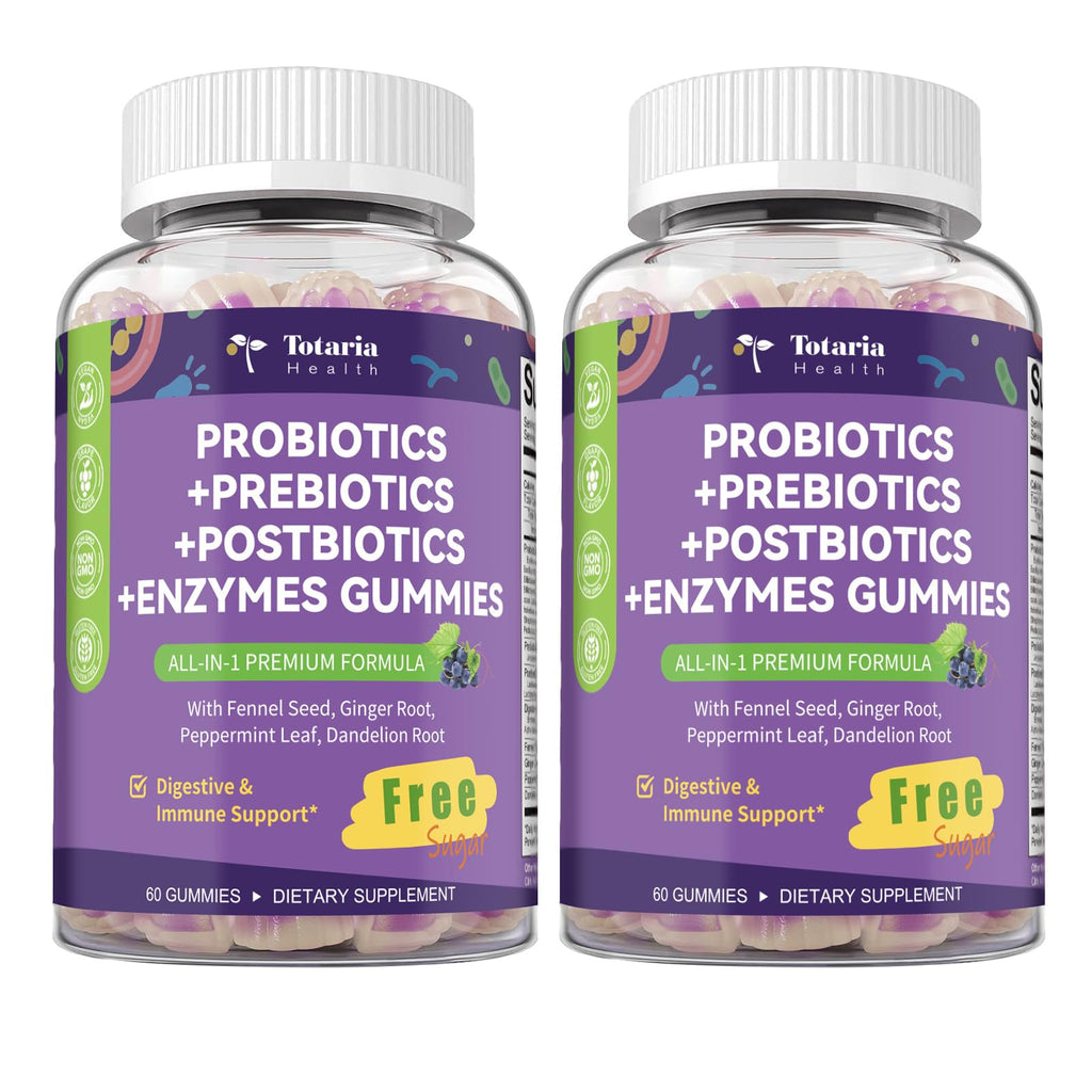 Totaria 2 PCS Sugar Free 5-in-1 Probiotic Prebiotic Postbiotic Gummy, 36 Strains Probiotics for Women Men with Digestive Enzymes, Peppermint, Complete Immune, Gut & Digestive Support, Grape Flavor