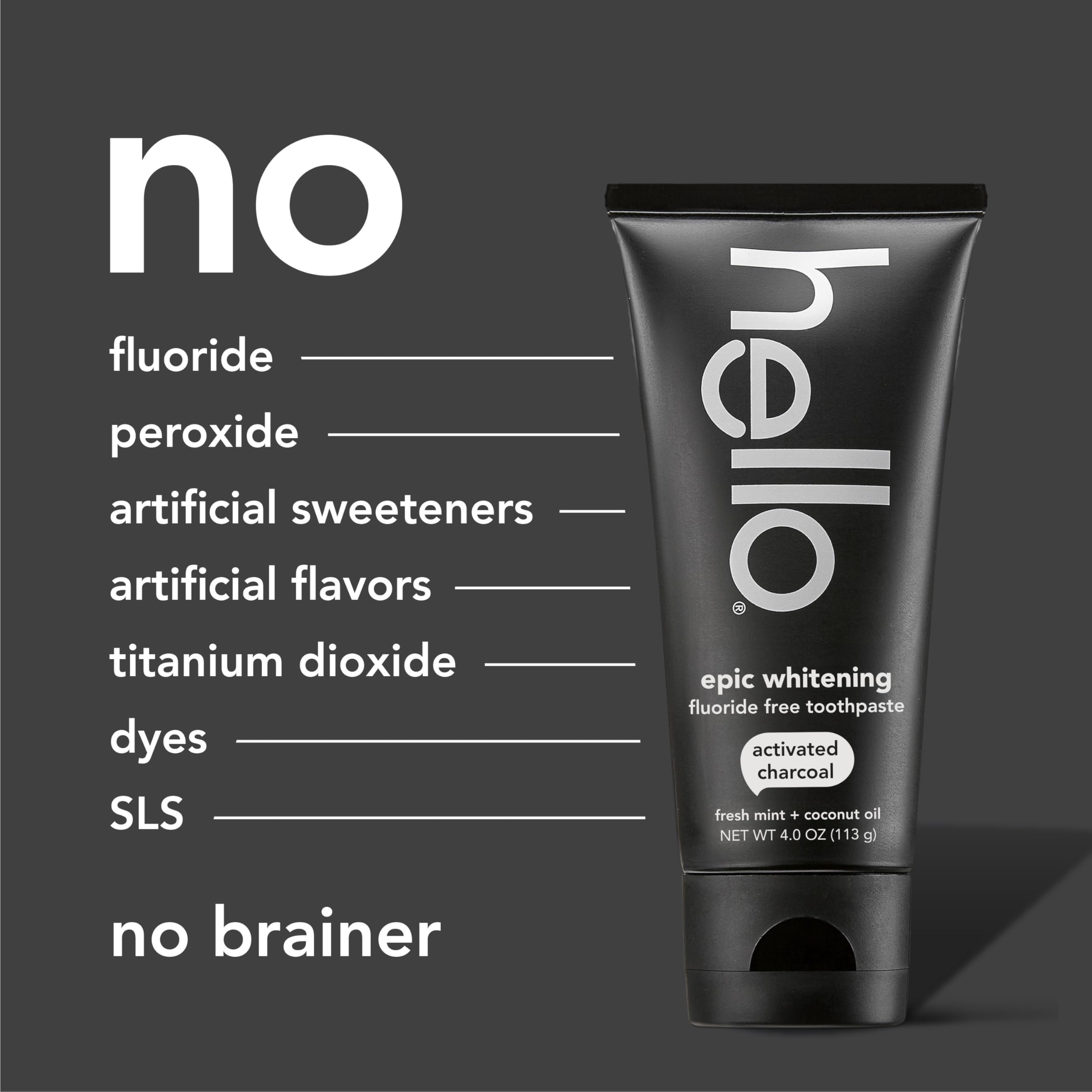 hello Epic Whitening Charcoal Fluoride Free Toothpaste, Activated Charcoal Toothpaste with Coconut Oil, Whitens Teeth Naturally, SLS Free