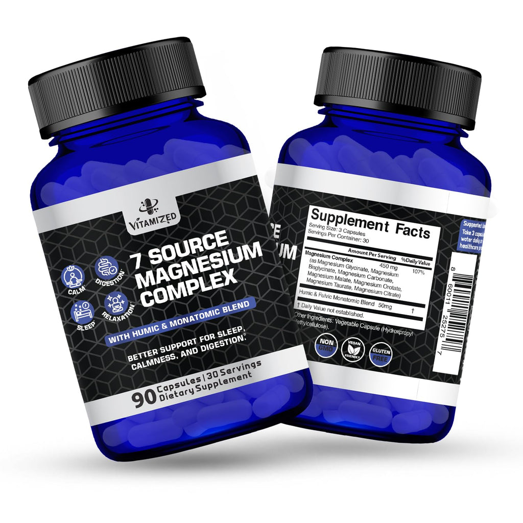 Magnesium Complex for Sleep, Relaxation, Digestion & Calm – Magnesium Glycinate, Citrate, Bisglycinate, Carbonate, Malate, Orotate, Taurate, + Humic/Fulvic for High Absorption - 90 ct. VITAMIZED buy supplements Au
