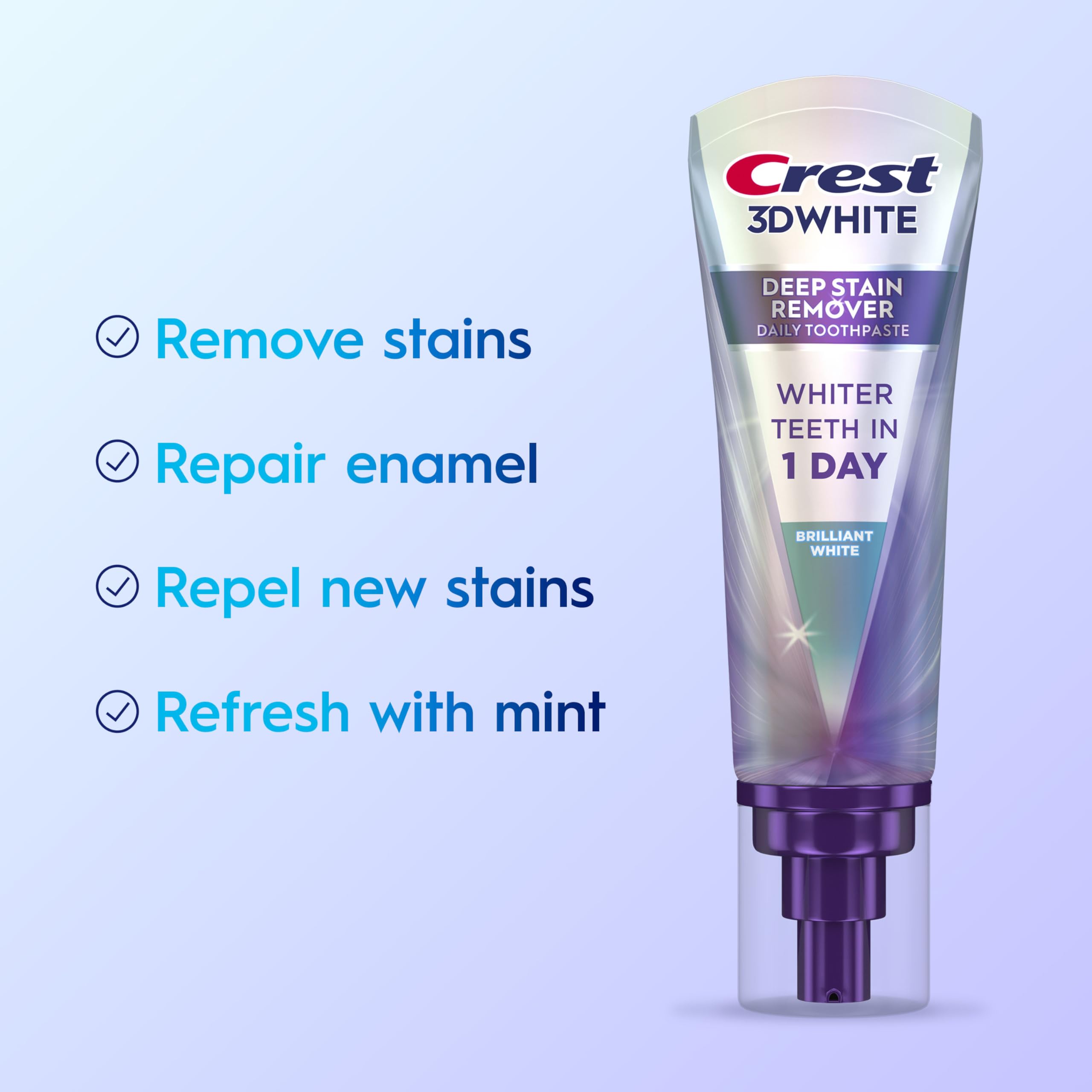 Crest 3D White Deep Stain Remover Toothpaste, Teeth whitening for Adults, 3.1oz, 2 Pack, Sensitivity Safe, Enamel Repair, Cavity Protection