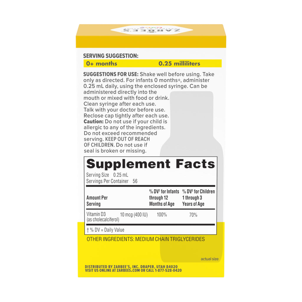 Zarbee's Vitamin D Drops for Infants, 400IU (10mcg) Baby & Toddler Liquid Supplement, Newborn & Up, Dropper Syringe Included, 0.47 Fl Oz