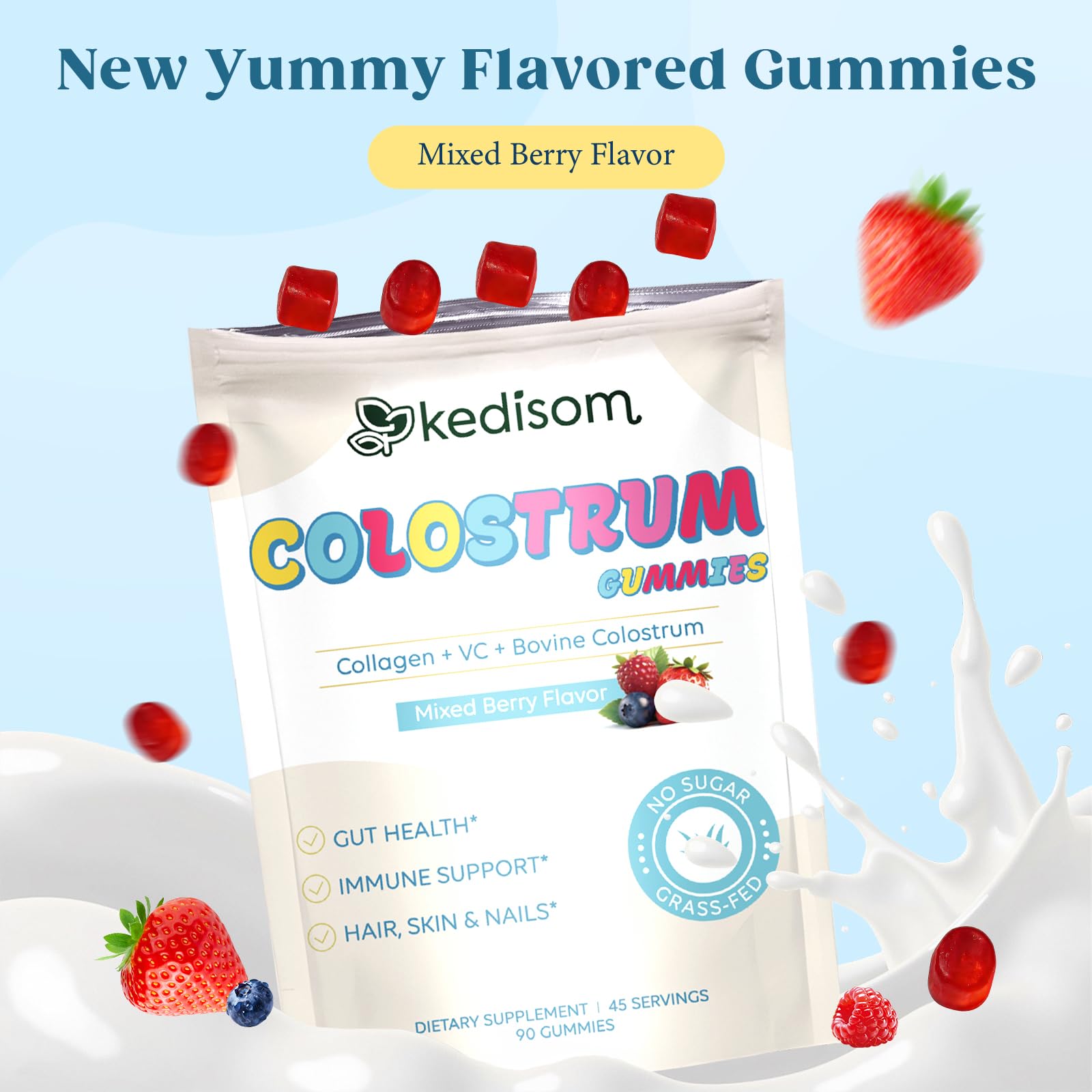 KEDISOM Colostrum Gummies, Grass Fed Colostrum Supplement, 90 Bovine Colostrum Gummies, 45 Servings, Mixed Berry, Sugar-Free