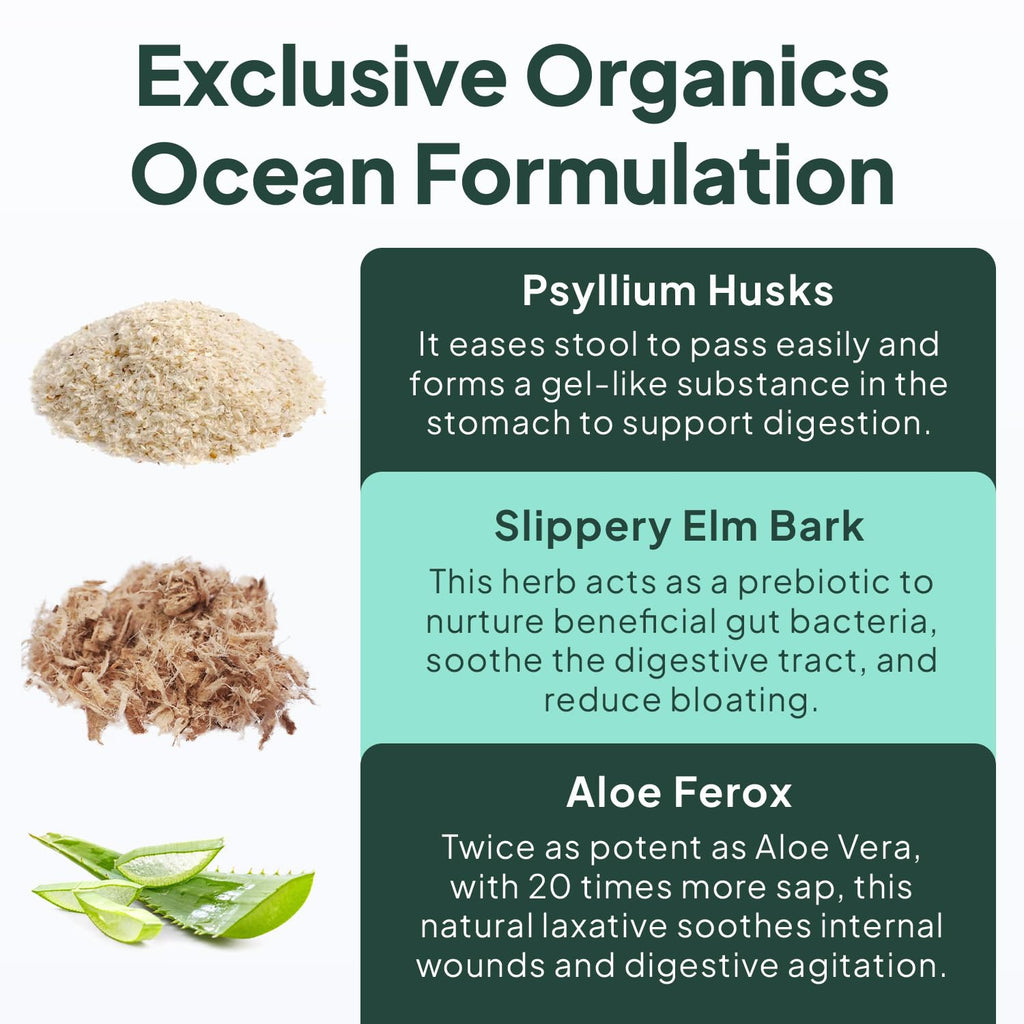 Organics Ocean Better Fiber - Daily Fiber Supplement - Soften Stool for Effortless Bowel Movements - with Psyllium Hulk and Slippery Elm - 90 Capsules