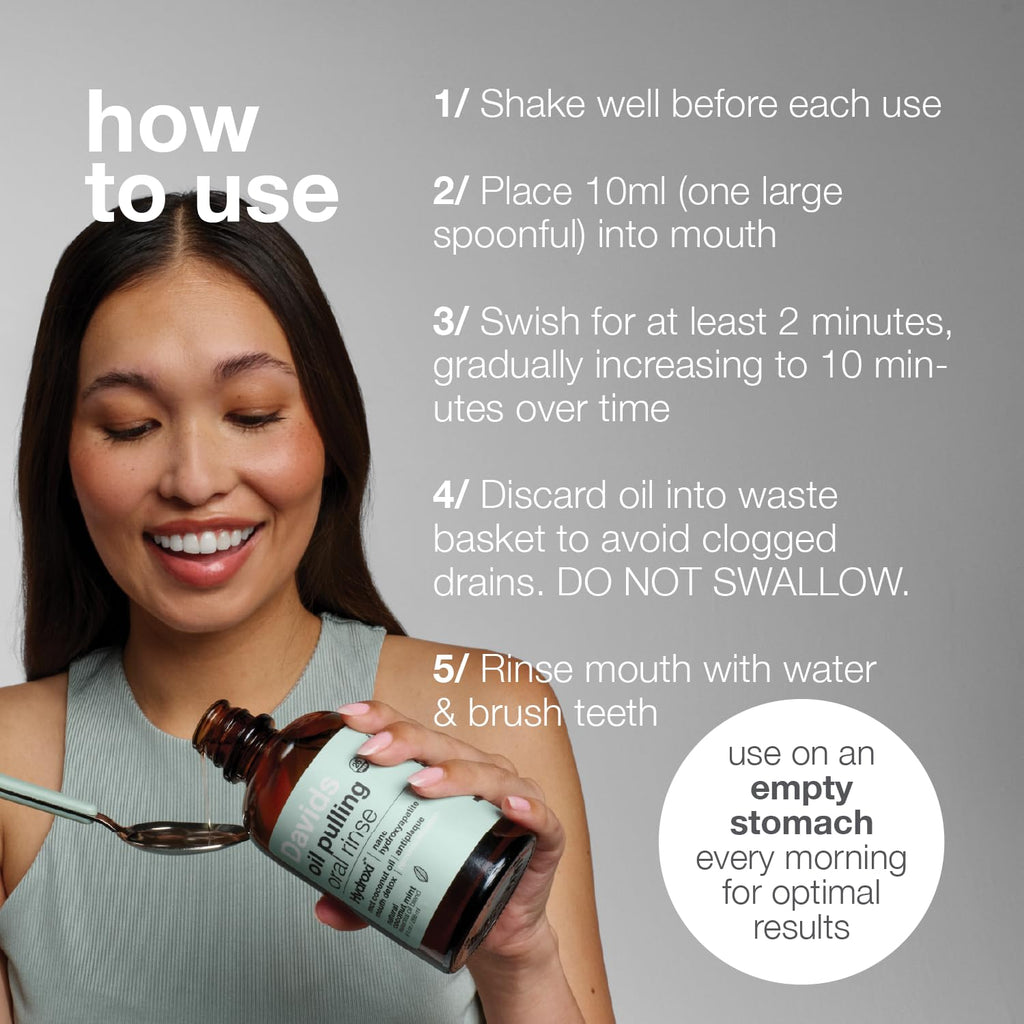 Davids Nano Hydroxyapatite Oil Pulling Oral Rinse Mouthwash, 100% MCT Coconut Oil, Promotes Teeth and Gum Health, Natural Whitening, Essential Oils