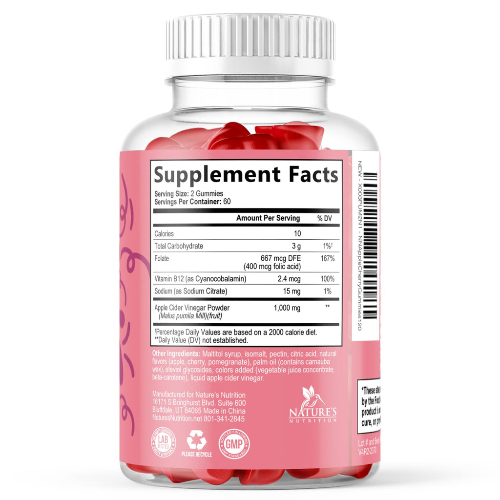 Apple Cider Vinegar Gummies 1000mg Per Serving - Sugar Free ACV Gummy Vitamins Supplement - Vitamin B12 & B6 for Energy - Digestion, Detox & Cleanse Support, Vegan