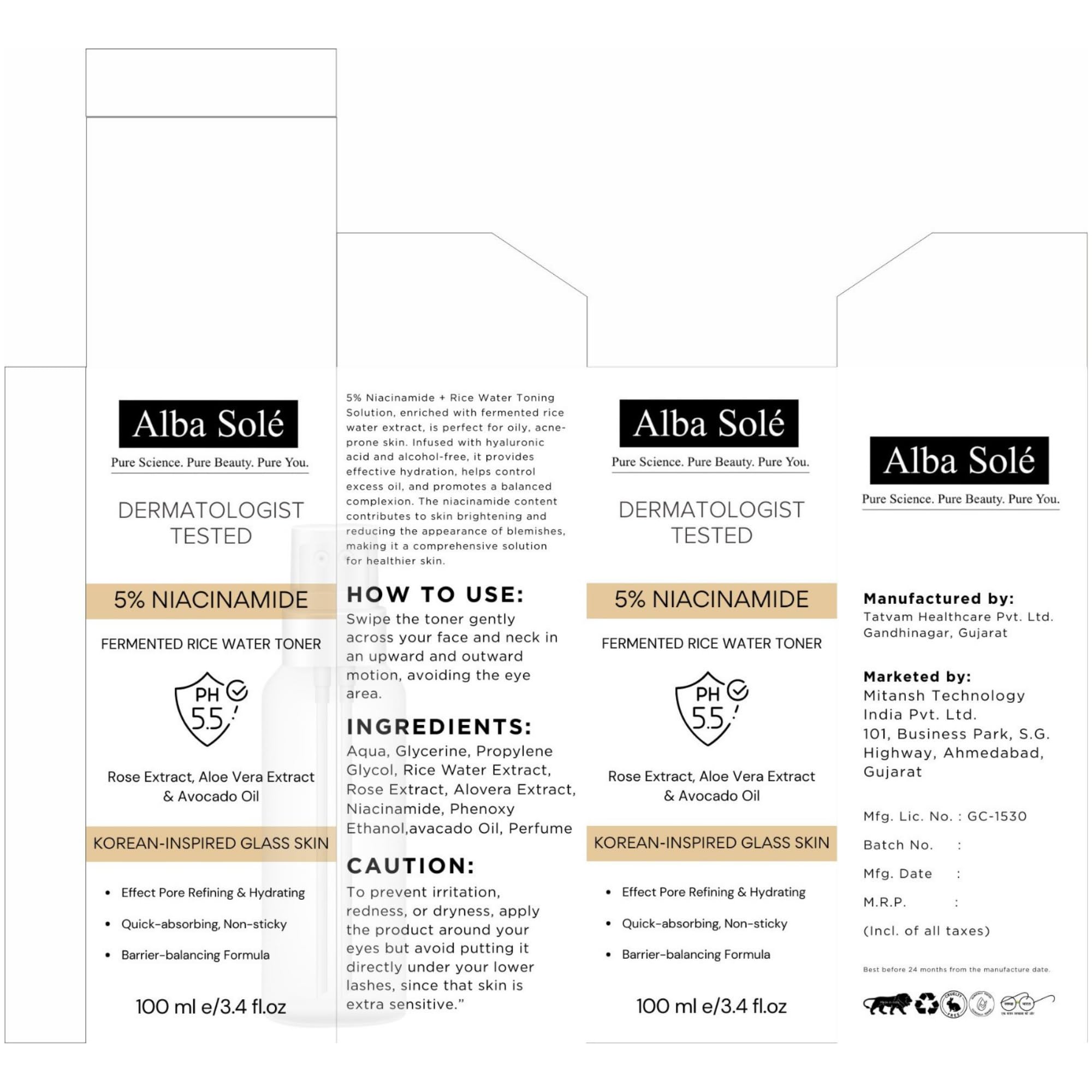 Alba Solé 5% Niacinamide Face Toner with Fermented Rice Water | pH 5.5 Balancing Toner | Hydrates, Refines Pores & Brightens for Glass Skin
