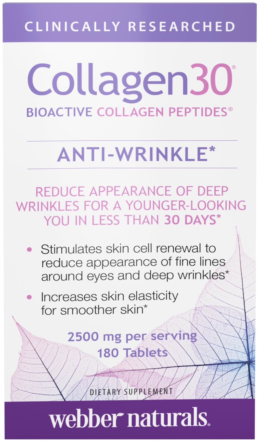 Webber Naturals Collagen 30 Anti-Wrinkle, 2,500mg of Bioactive Collagen Peptides Per Serving (3 Tablets), 180 Tablets, Helps Reduce Deep Wrinkles