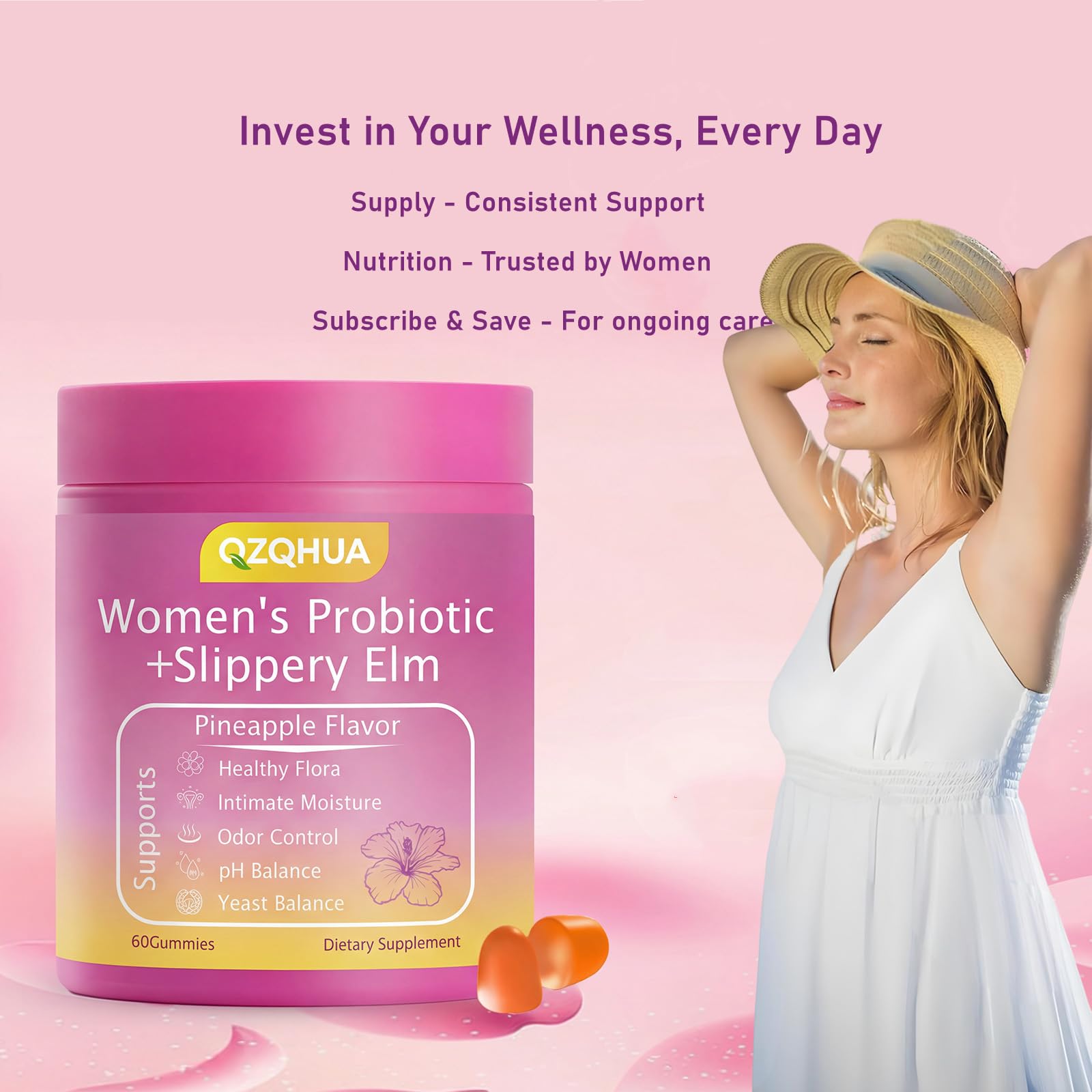 QZQHUA Women's Probiotics Gummies with Slippery Elm – Vaginal Health, Gut Health & pH Balance Support, Pineapple Flavor – Gluten Free, Vegan (30 Servings)（Q2）