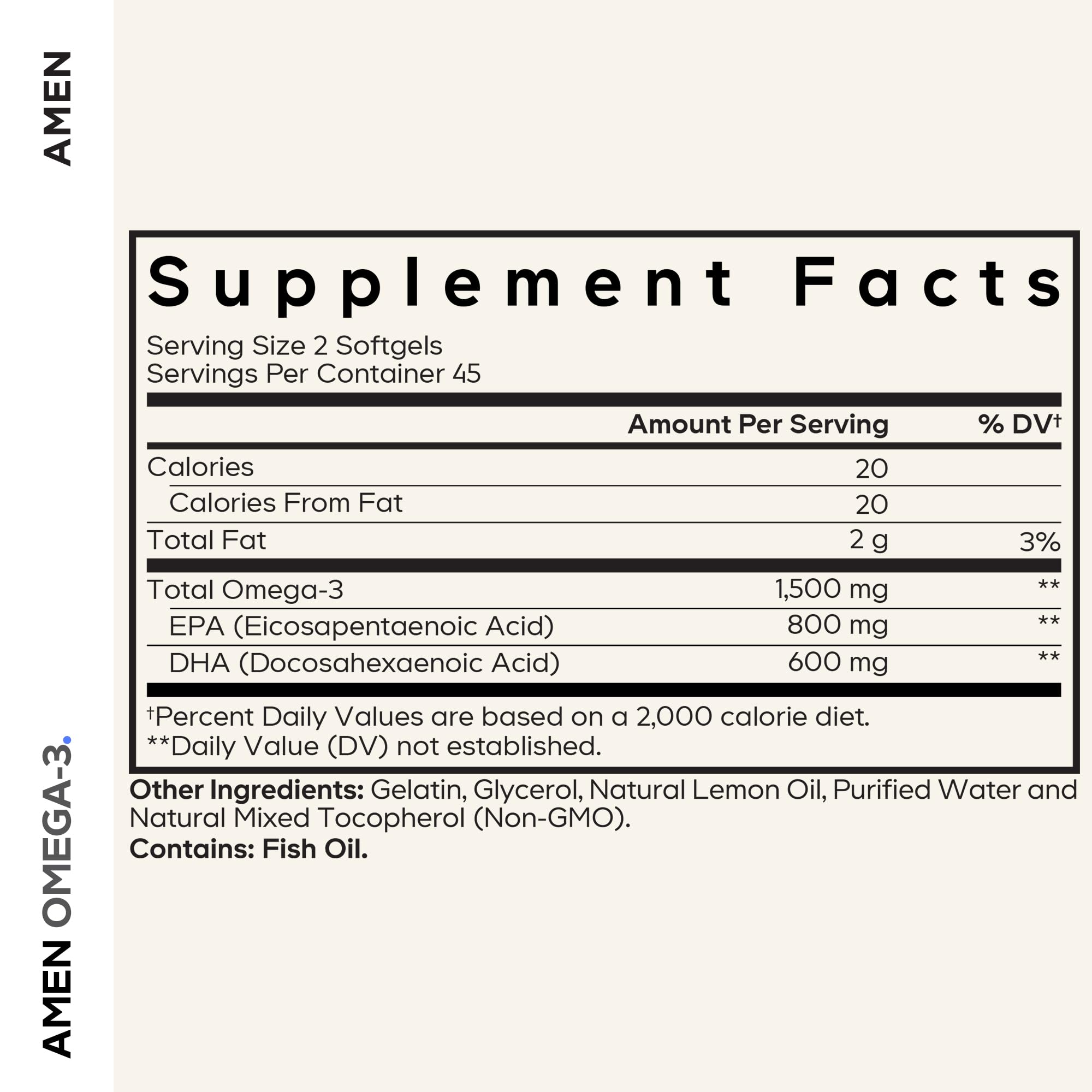 Amen Omega-3 Supplement - 1500mg High-Potency Daily Omega 3 - EPA and DHA Fatty Acids Fish Oil - 45-Day Supply - Fatty Acid Supplements - Fish Oil Pills