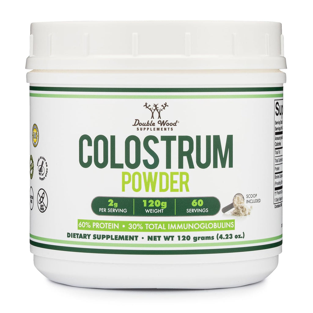 Double Wood Supplements Bovine Colostrum Powder for Women and Men, for Gut Health, Skin & Hair, Immune Support (120 Grams, 60 Day Supply - Standardized