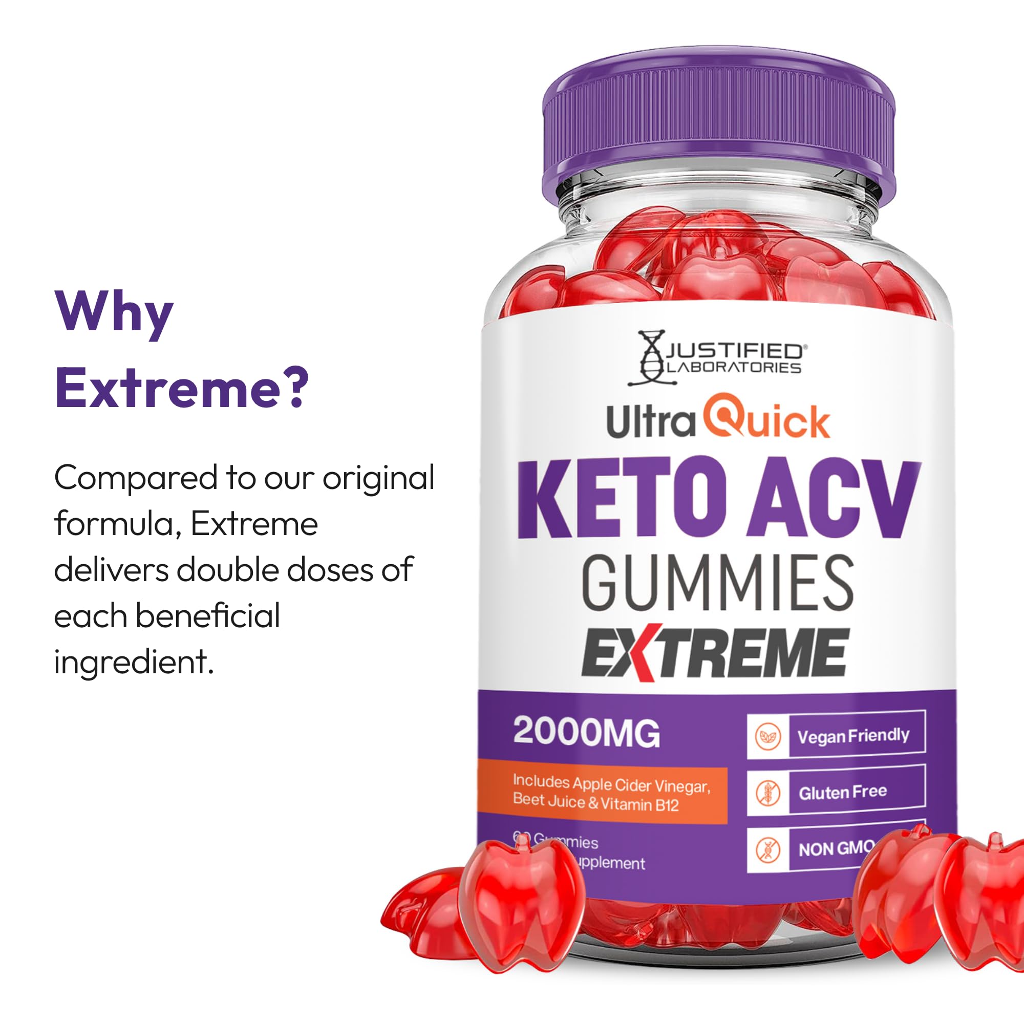 Justified Laboratories Ultra Quick Keto ACV Gummies Extreme (2000 mg) - 60 Count - Formulated with Apple Cider Vinegar, Folate & Vitamin B12