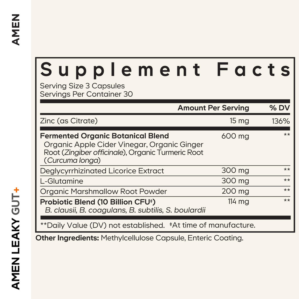 Amen Leaky Gut Supplement - Advanced Formula with Bioavailable L Glutamine, Zinc, Turmeric, DGL Licorice Root - Marshmallow Root - Probiotics & Fermented Prebiotics