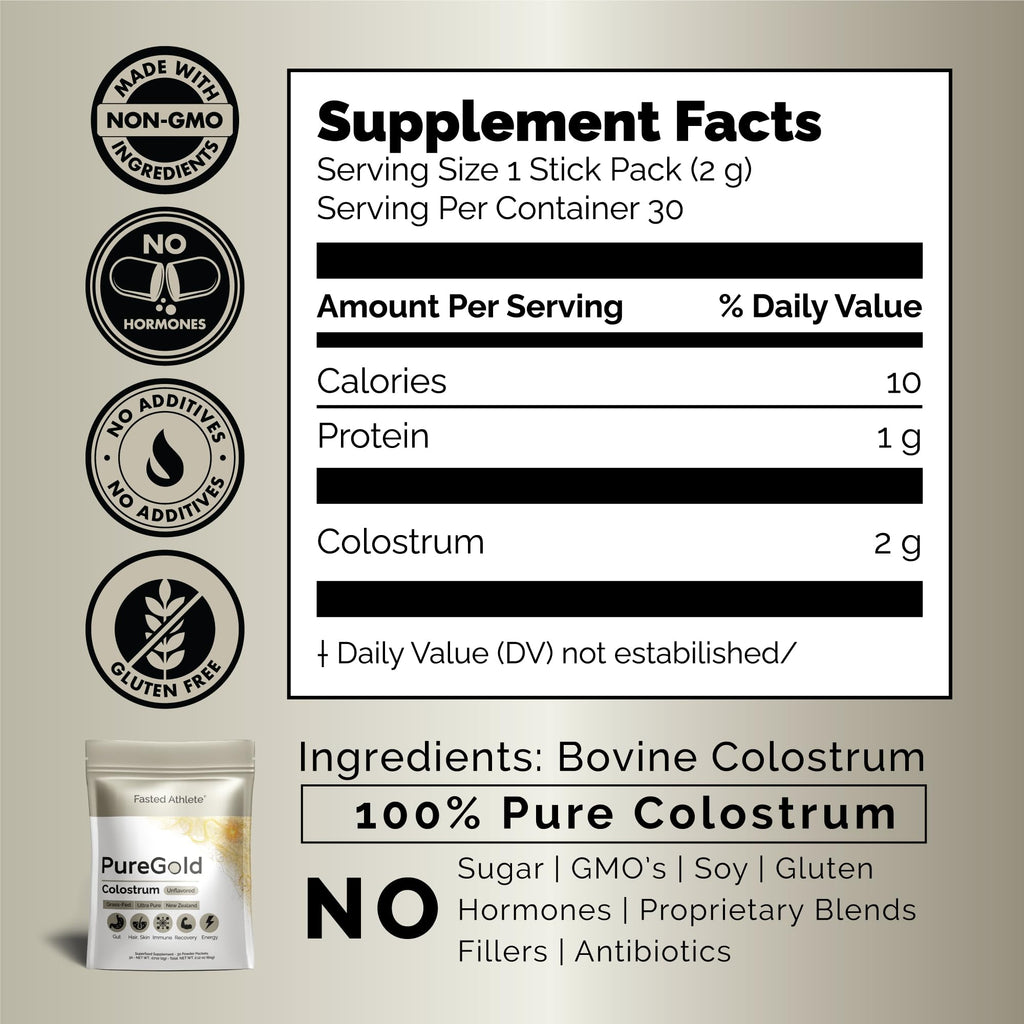 PureGold - Bovine Colostrum Powder - 100% Pure New Zealand Grass Fed, Supports Gut Health, Skin, Hair, & Immunity
