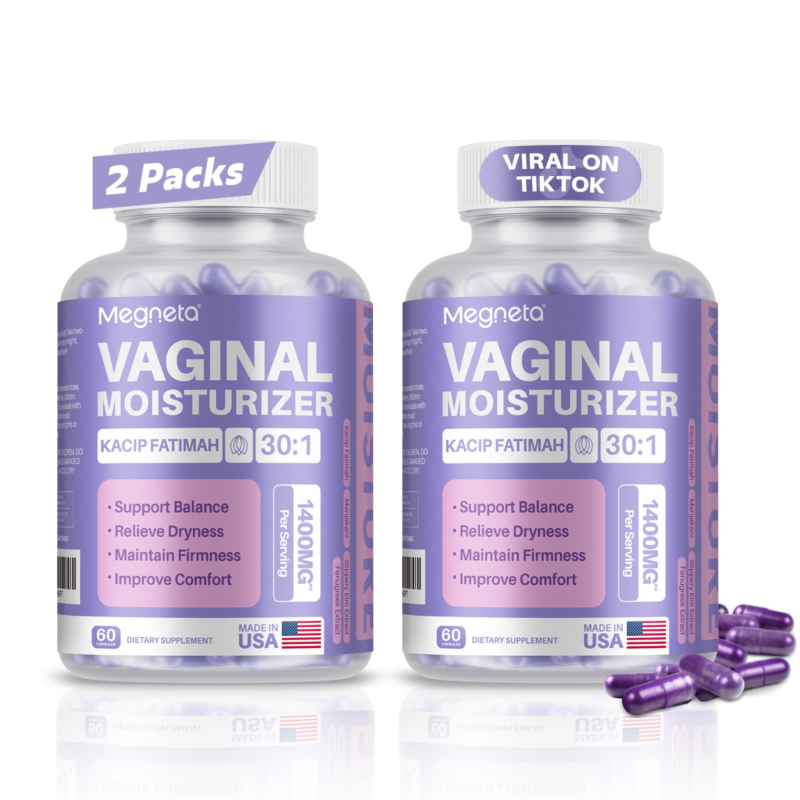 MEGNETA Vaginal Moisturizer, Kacip Fatimah 1,000mg & Manjakni 200mg for Female Health, Slippery Elm for Women, Vegan, 120 Capsules