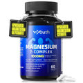 Supplement bottle labeled 'vyouth Magnesium 7-Complex' with capsules on a white background